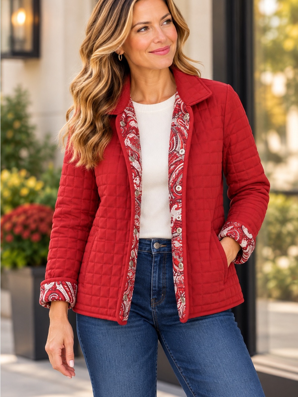 Briggs New York Size 16 Red Quilted Jacket Paisley Lined Fall Coat